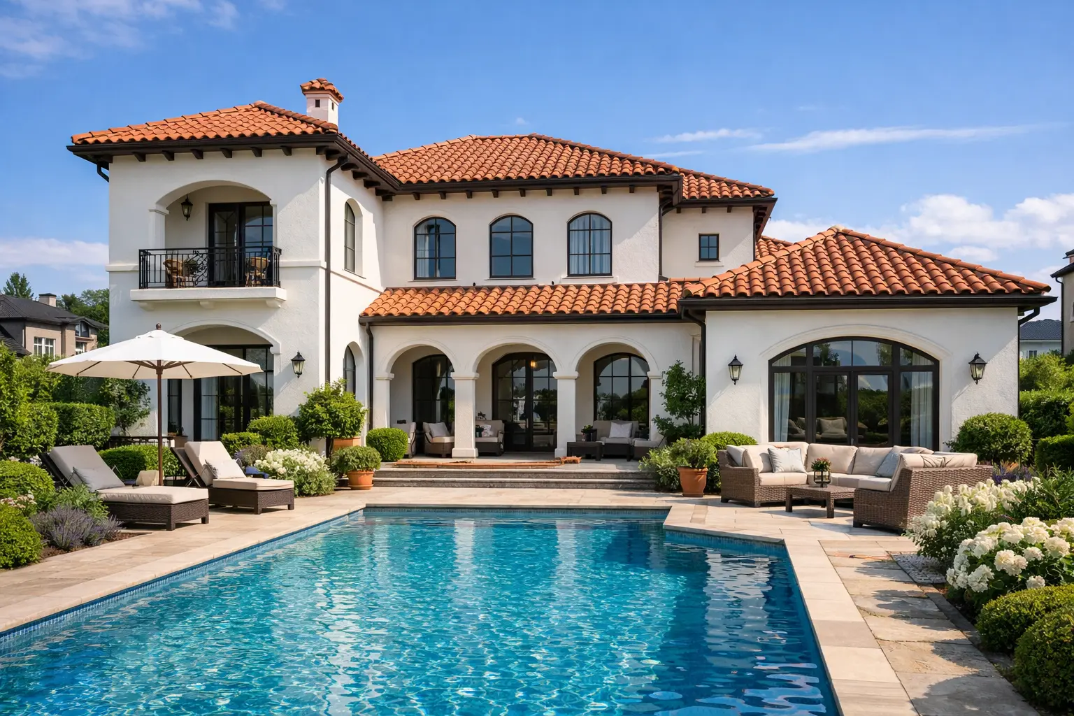 Элегантная средиземноморская вилла с черепичной крышей и открытым бассейном в загородном посёлке Подмосковья