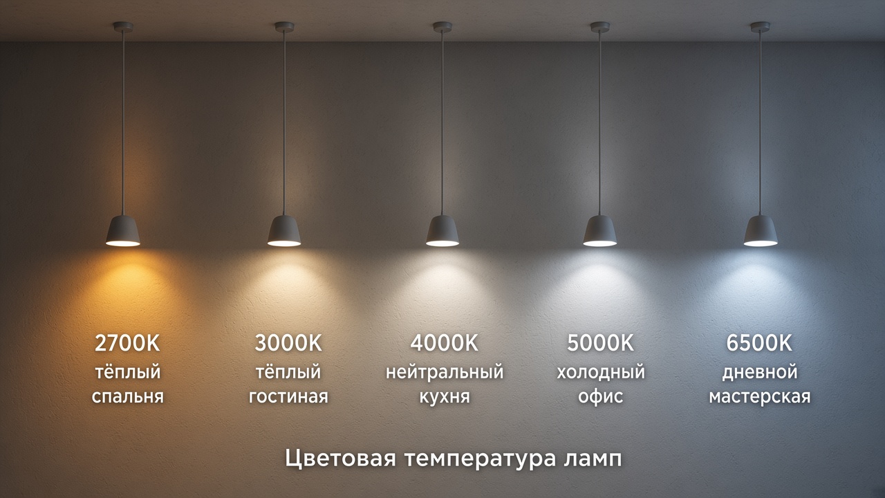Цветовая температура ламп: 2700K тёплый, 3000K тёплый, 4000K нейтральный, 5000K холодный, 6500K дневной