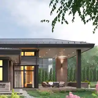 Дом с высокой кровлей над террасой