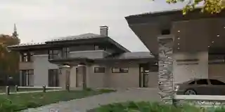 Дом с баней и гаражом на участке с уклоном