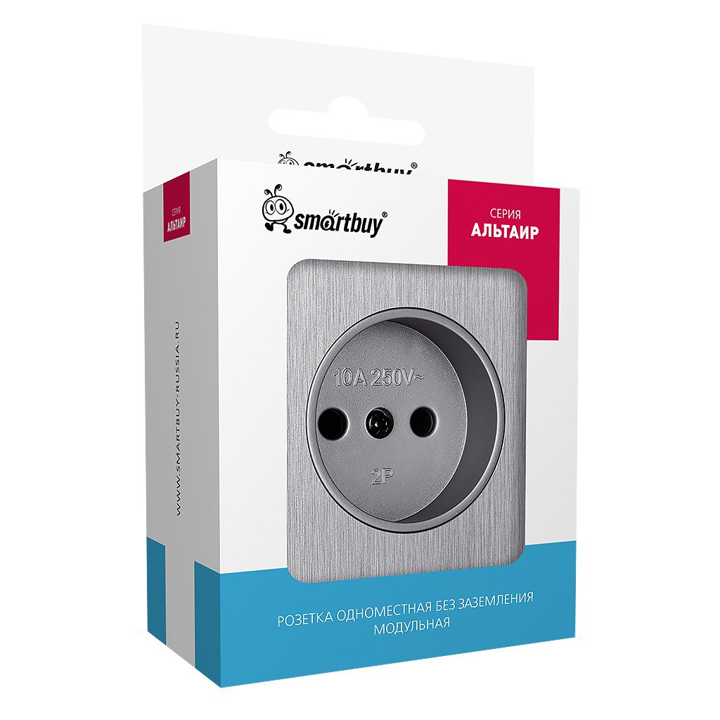 Розетка одноместная без заземления модульная 10А алюминий серебро «Альтаир» (SBE-m11al-10-S1-N)
