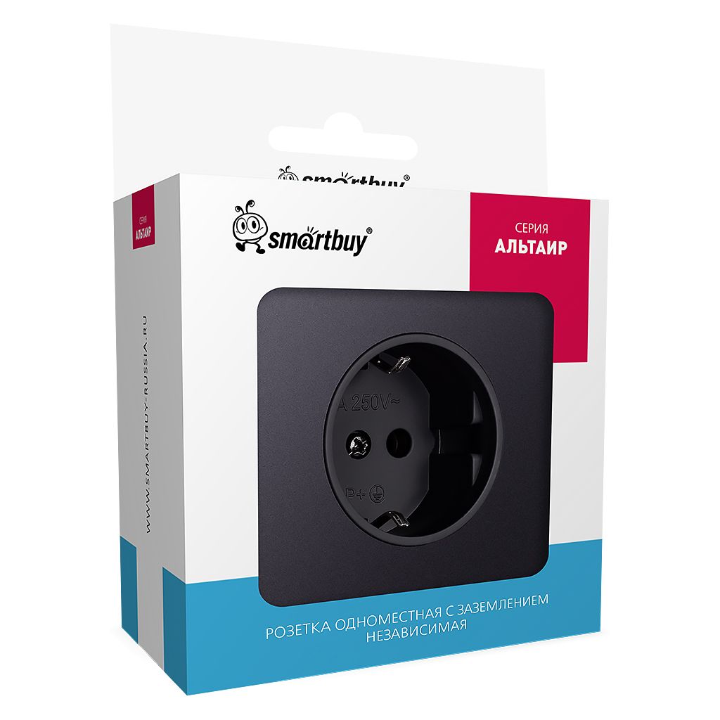 Розетка одноместная с заземлением независимая 16А черная акрил «Альтаир» (SBE-i11ba-16-S1-Z)