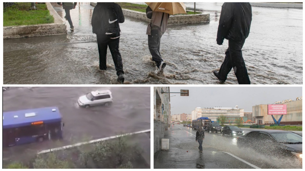 Как изменение климата влияет на арктические города Улицы в дождь, люди идут по лужам
