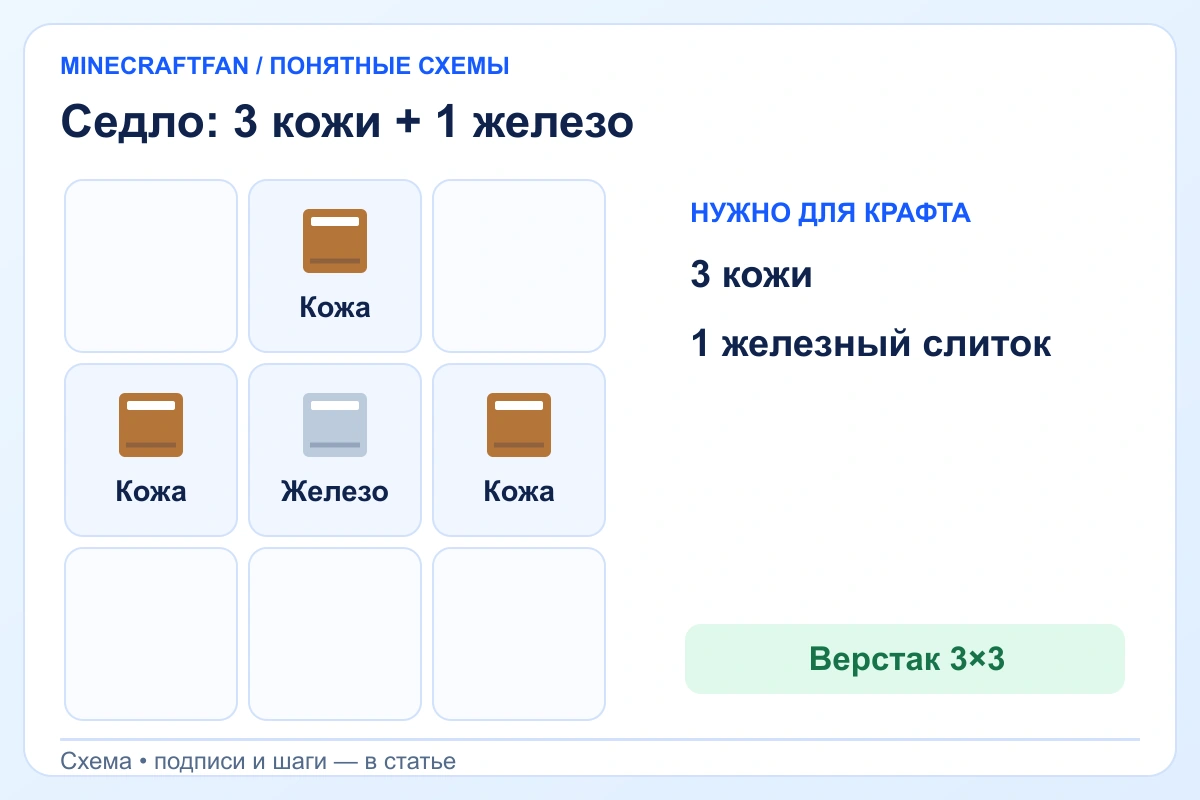 Крафт седла: одна кожа сверху по центру, кожа-железный слиток-кожа в среднем ряду