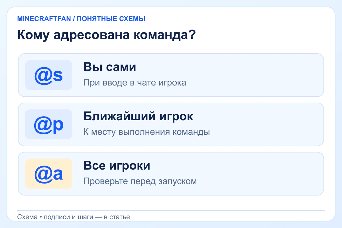 Селекторы команд Minecraft: @s — исполнитель, @p — ближайший игрок, @a — все игроки