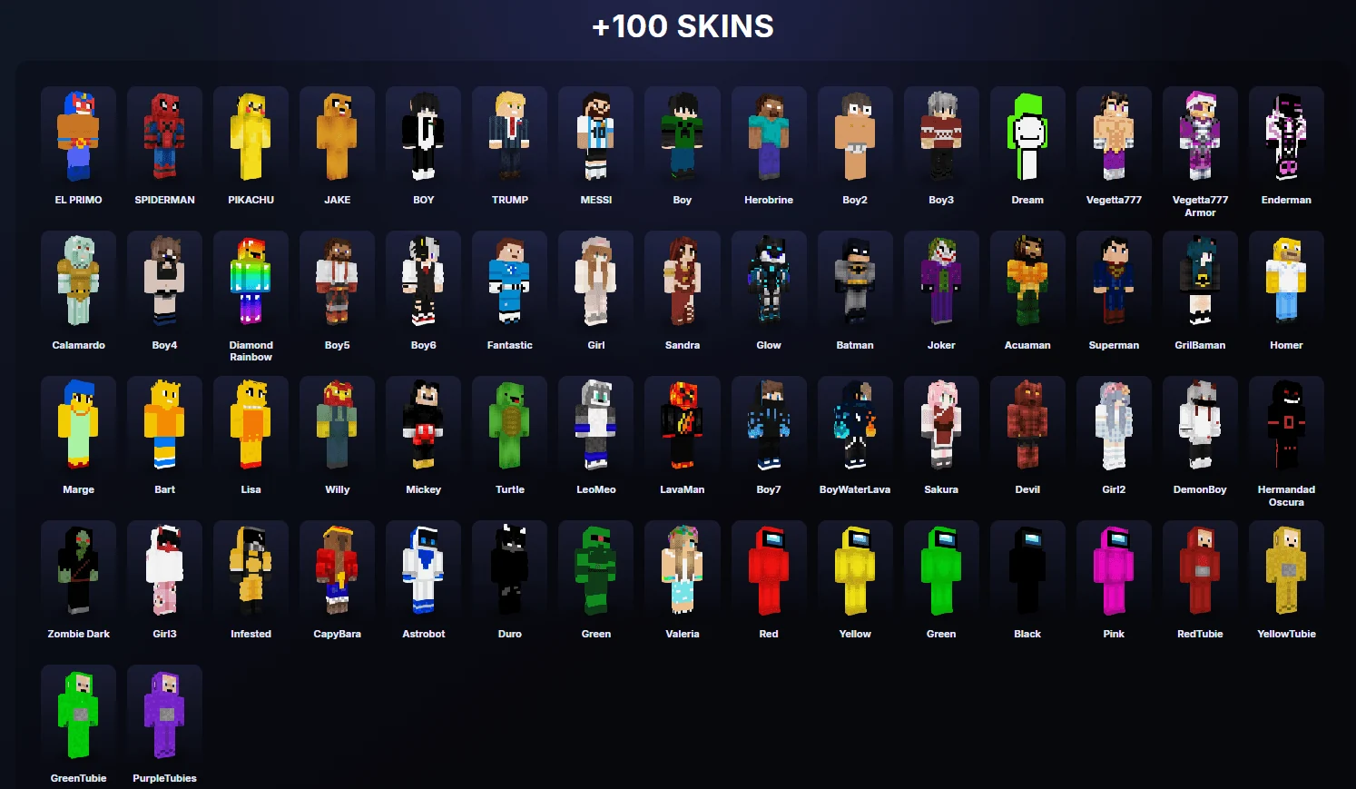 Изображение автора: +100 Skins — сборник разных образов для Minecraft Bedrock