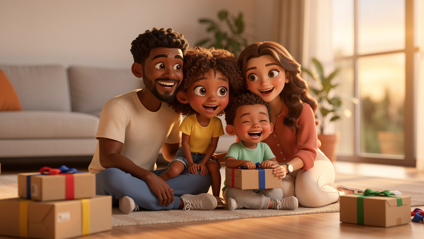 Família de quatro virada em personagens de animação 3D, sentada no chão entre caixas de mudança