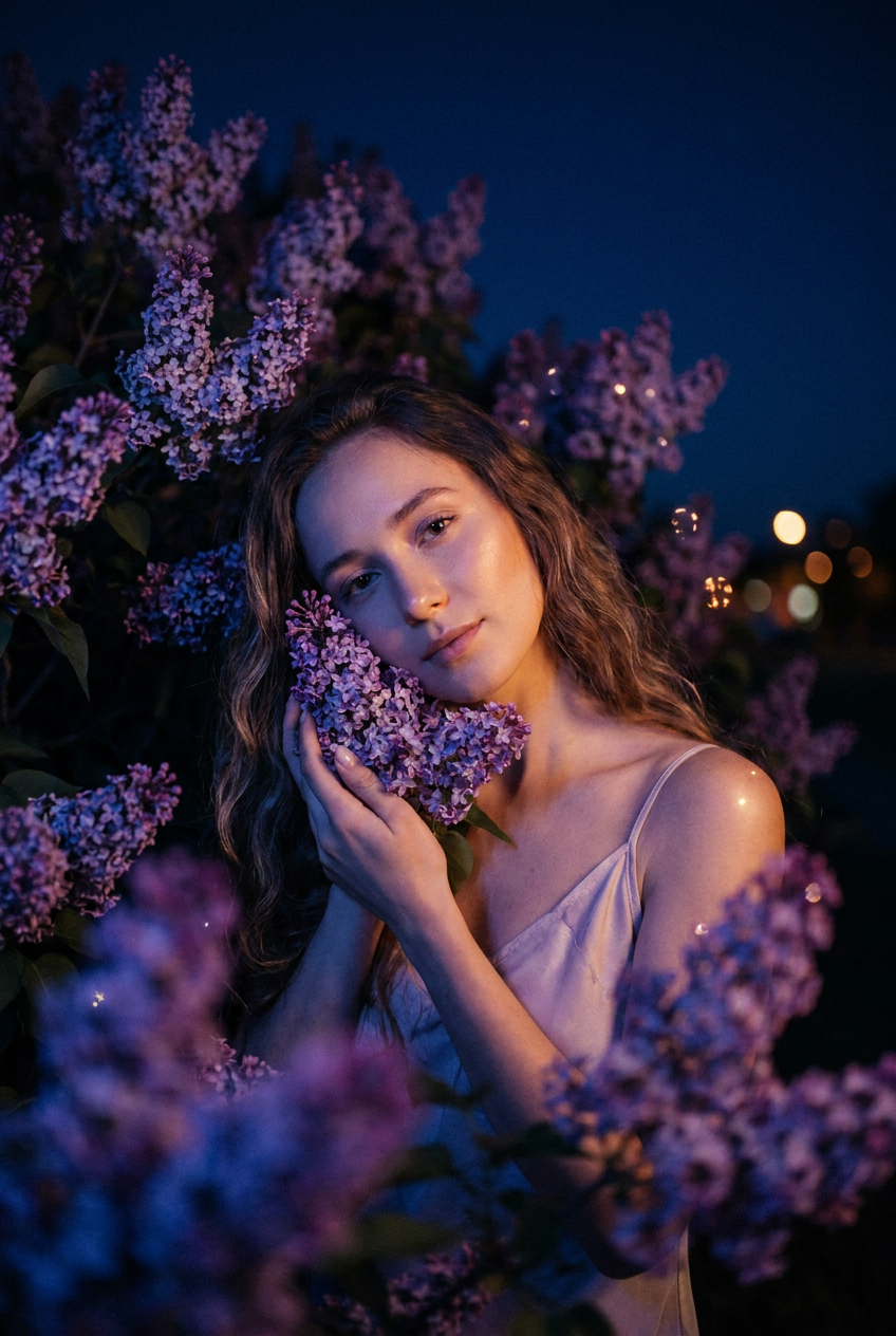 Night portrait with lilac