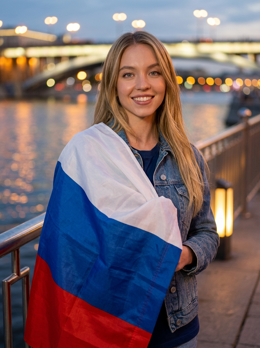 Ночная набережная и флаг в руках 