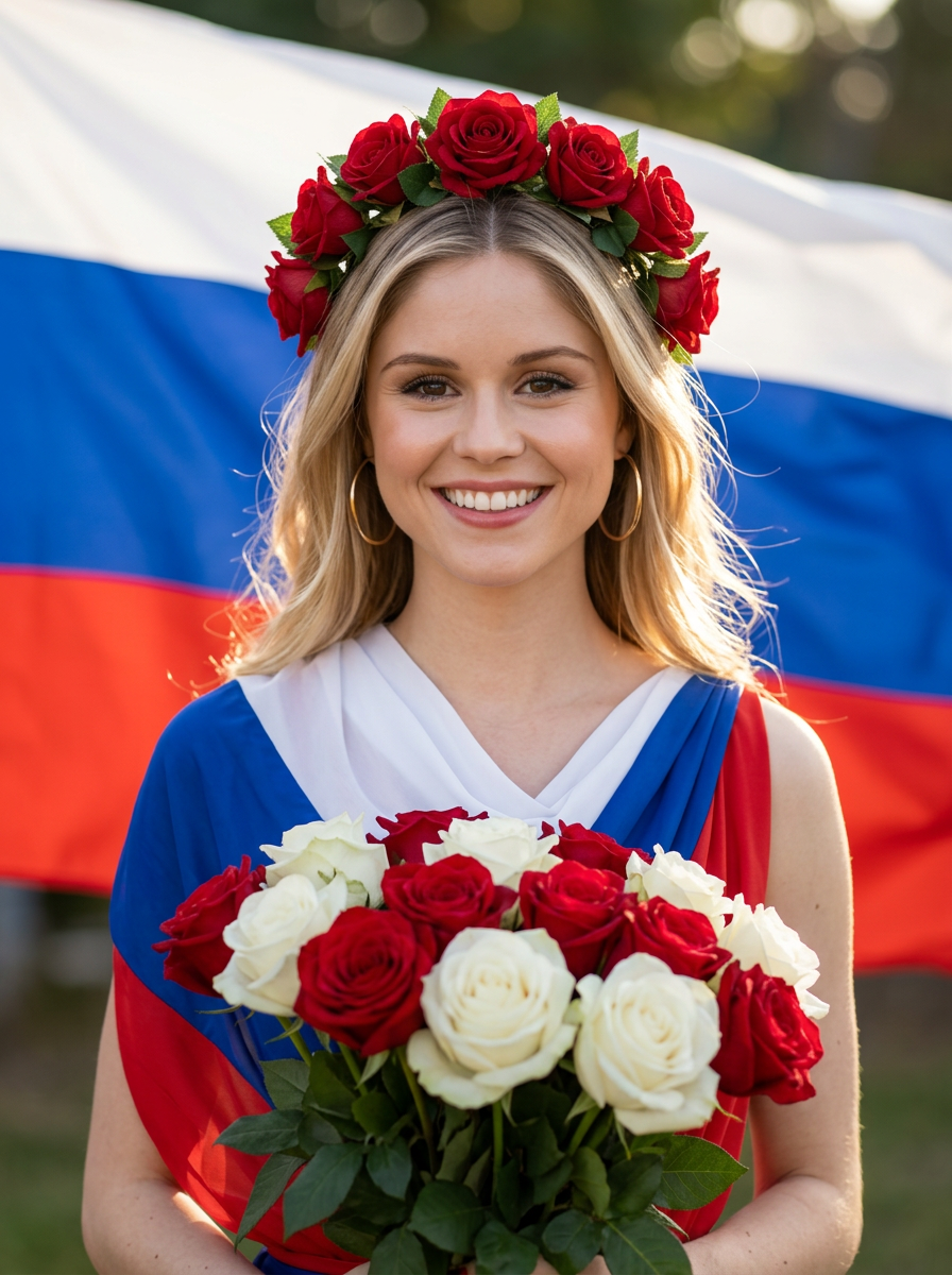 Девушка с букетом на фоне флага