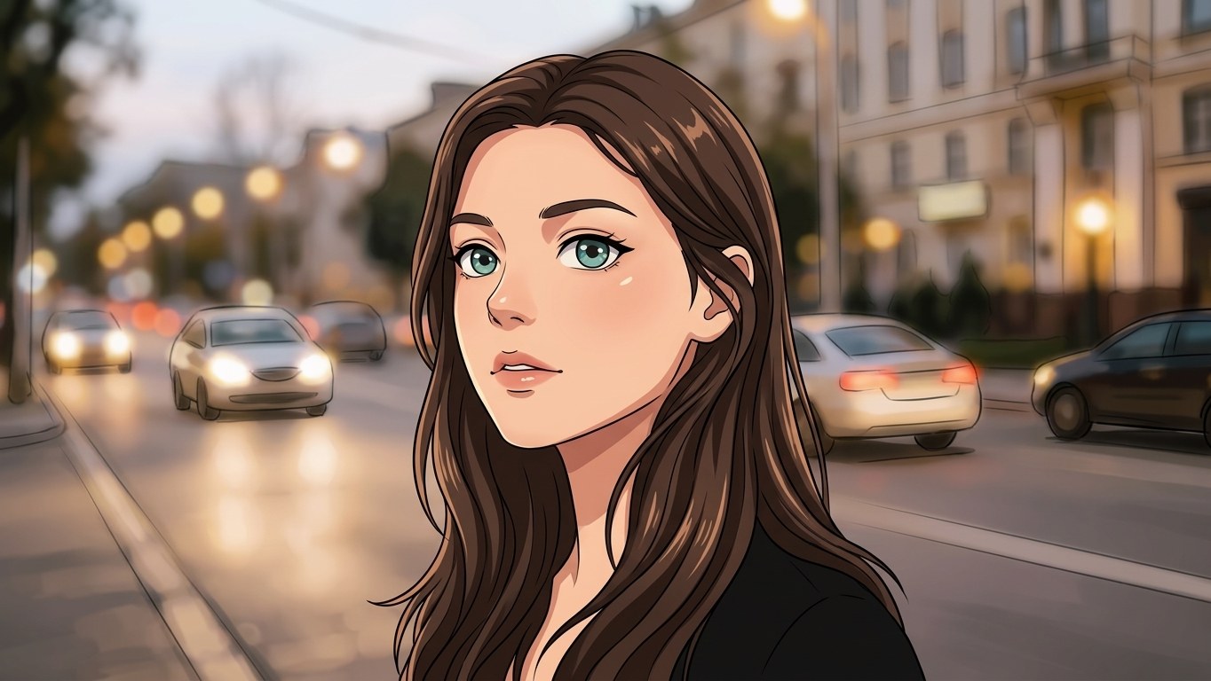 A portrait redrawn as anime — the haircut, the clothes and the background stay recognizable — после