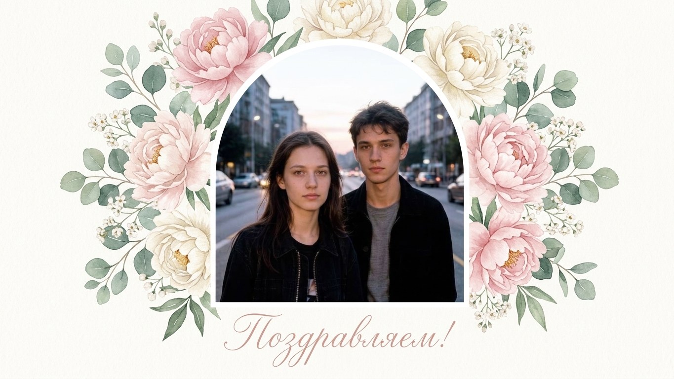A photo of a couple turned into a wedding card with watercolor flowers and a greeting — после
