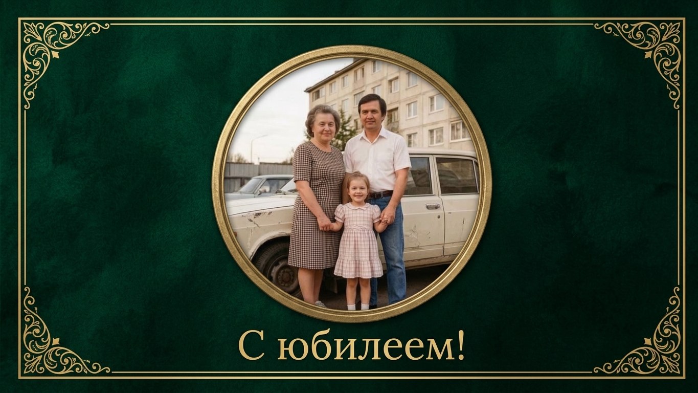 A family shot turned into an anniversary card with a gold frame and lettering — после