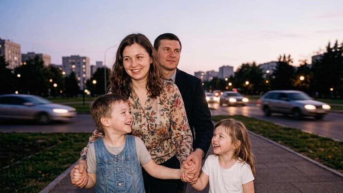 С семейного кадра убраны проезжающие машины, дорога достроена — до