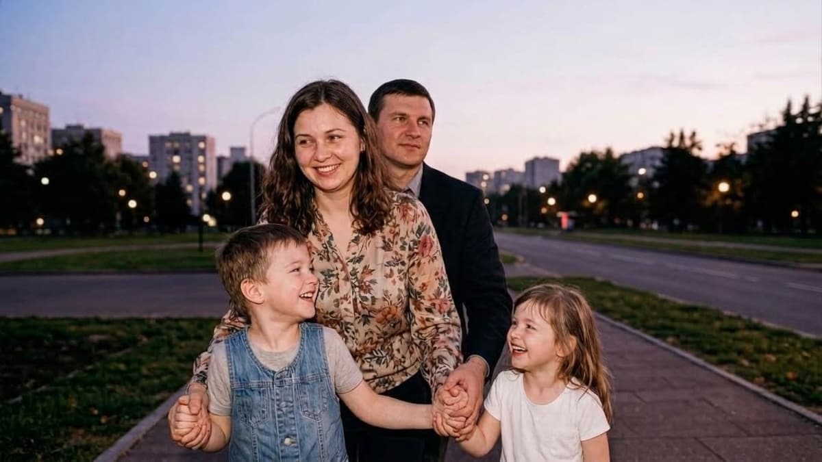 С семейного кадра убраны проезжающие машины, дорога достроена — после