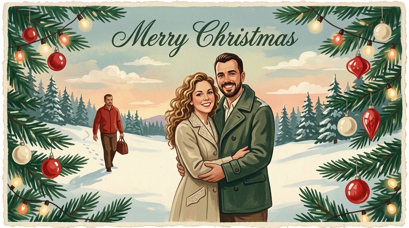 A beach photo of a couple repainted as a snowy mid-century Christmas card — after