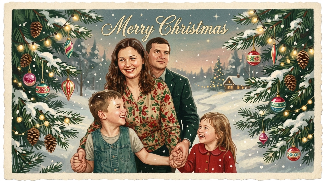 A family evening photo turned into a vintage Christmas card with garlands and fir branches — after