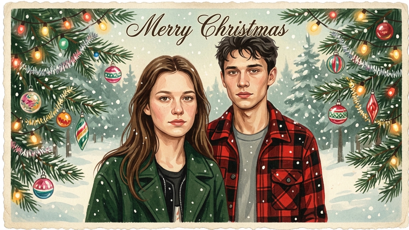 A couple on a city street turned into a retro card with old cars and string lights — after