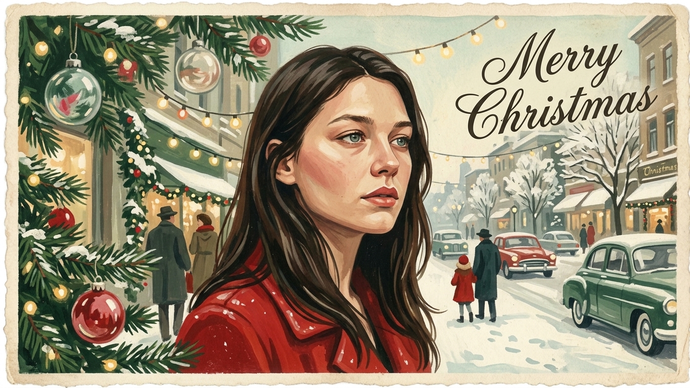 A portrait redrawn as a gouache Christmas card with a "Merry Christmas" greeting — after