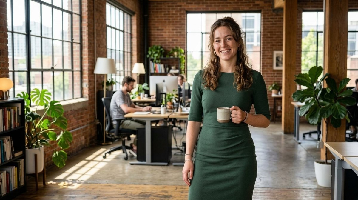 Moça no escritório: a camiseta virou um vestido verde — depois