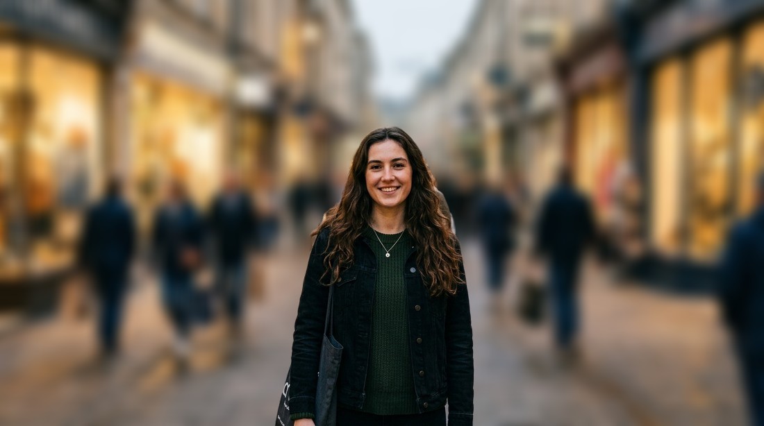 An evening street portrait: the background goes soft, the subject stays sharp — after