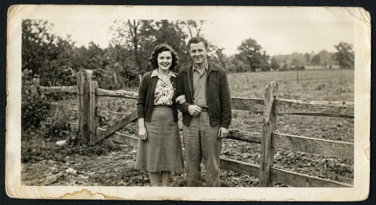 An old black-and-white portrait of a couple with the crease, stains and scratches gone — after