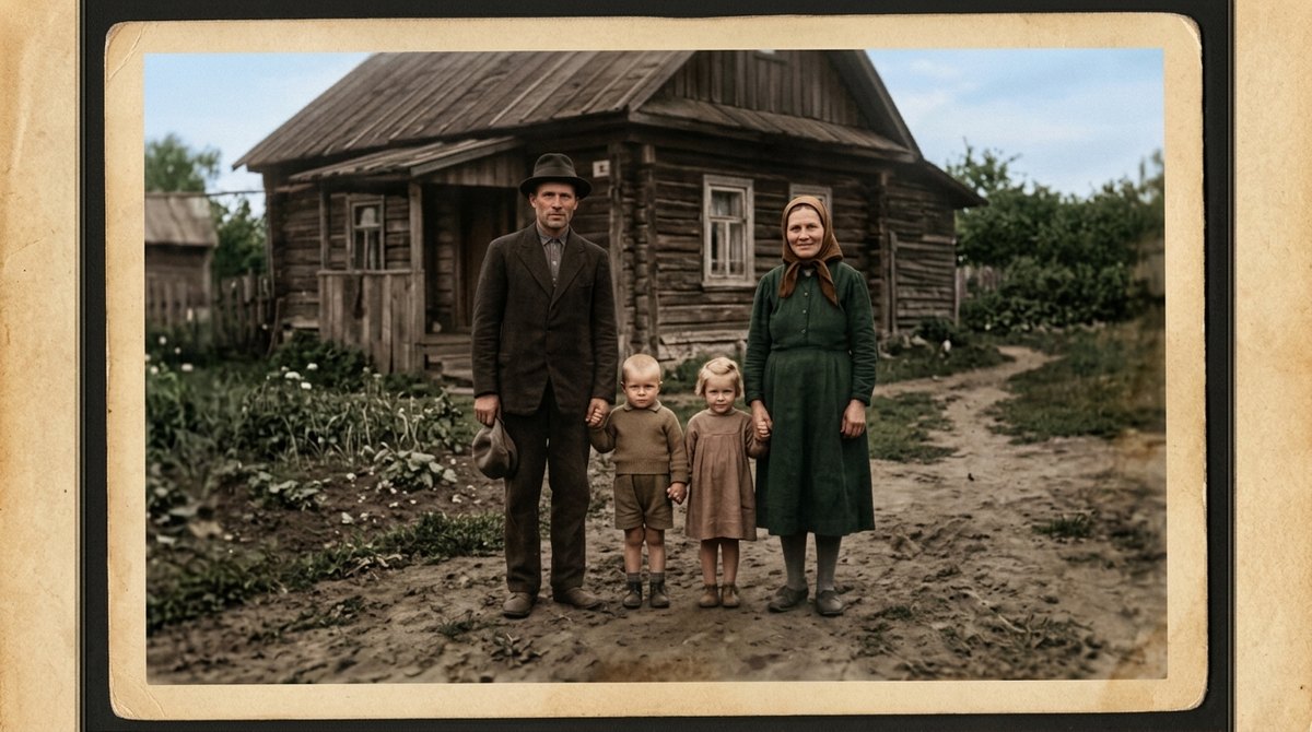 A family shot outside a house: the damage repaired, the color added afterwards with the separate colorize tool — after