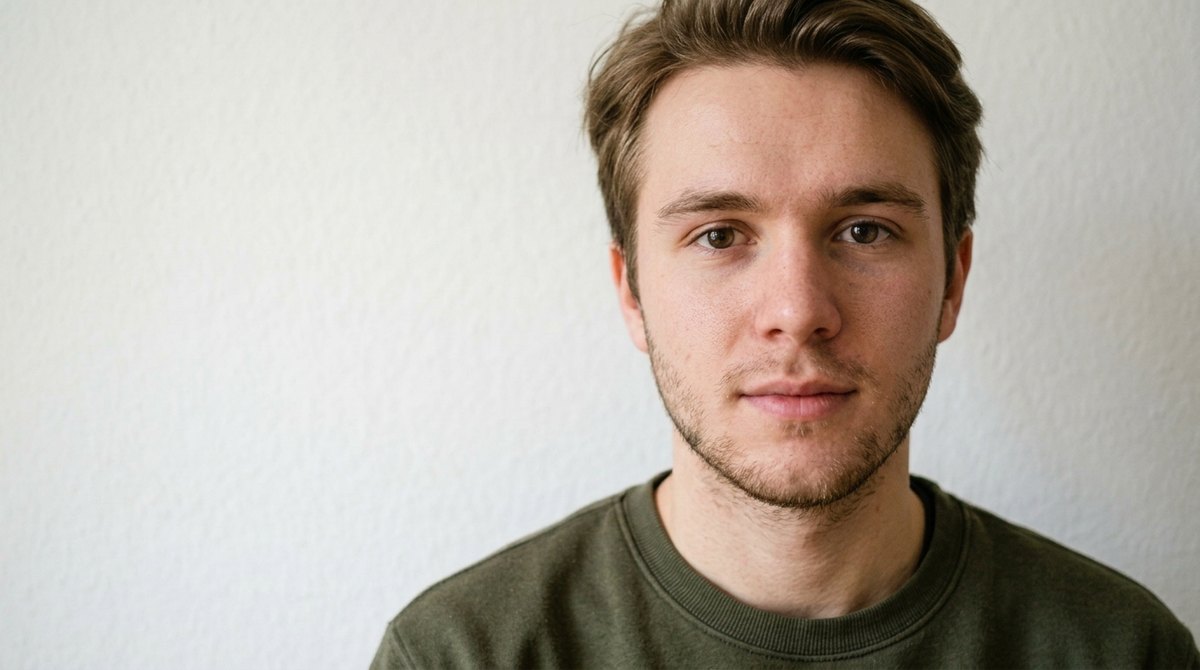 A portrait with acne and redness cleared, pores and moles left in place — after