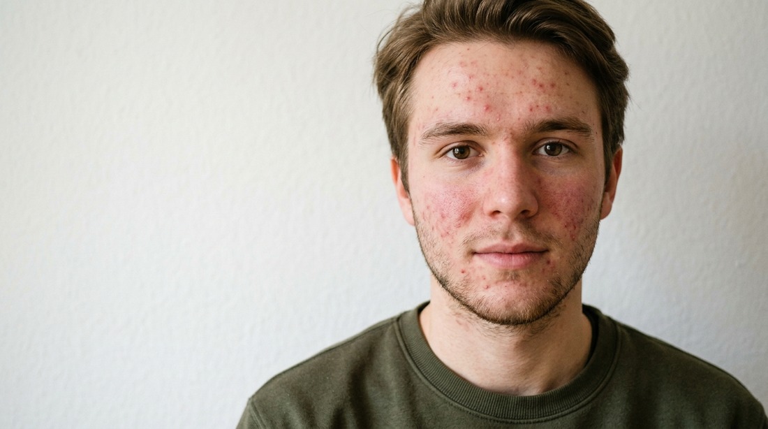 A portrait with acne and redness cleared, pores and moles left in place — before