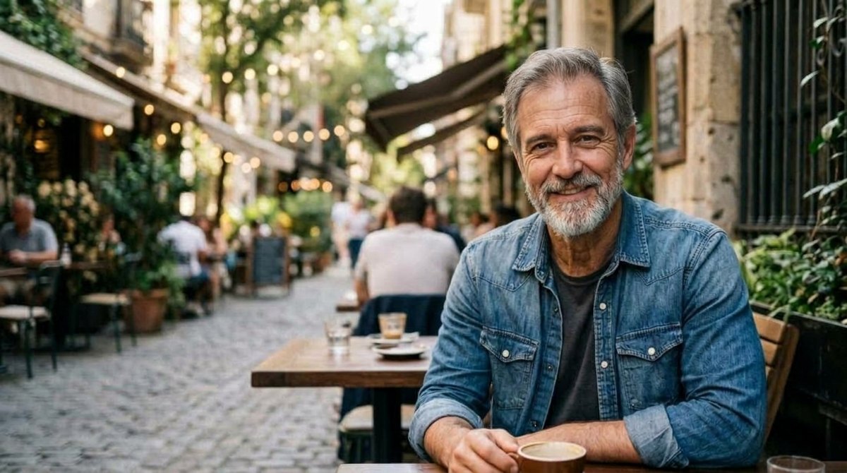 A man in his thirties shown at about seventy — after
