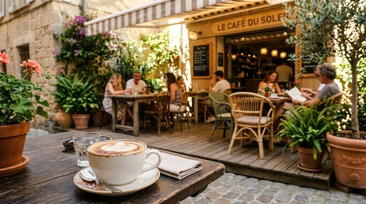 A cafe photo with the owner's repeating mark and corner stamp cleared — after