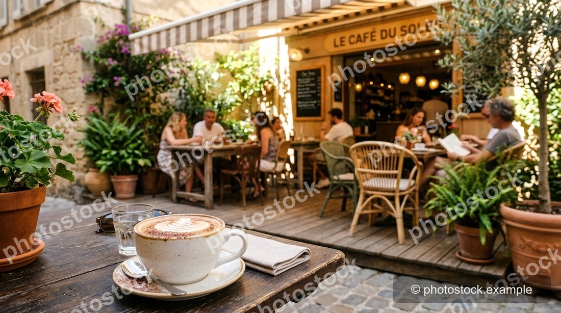 A cafe photo with the owner's repeating mark and corner stamp cleared — before