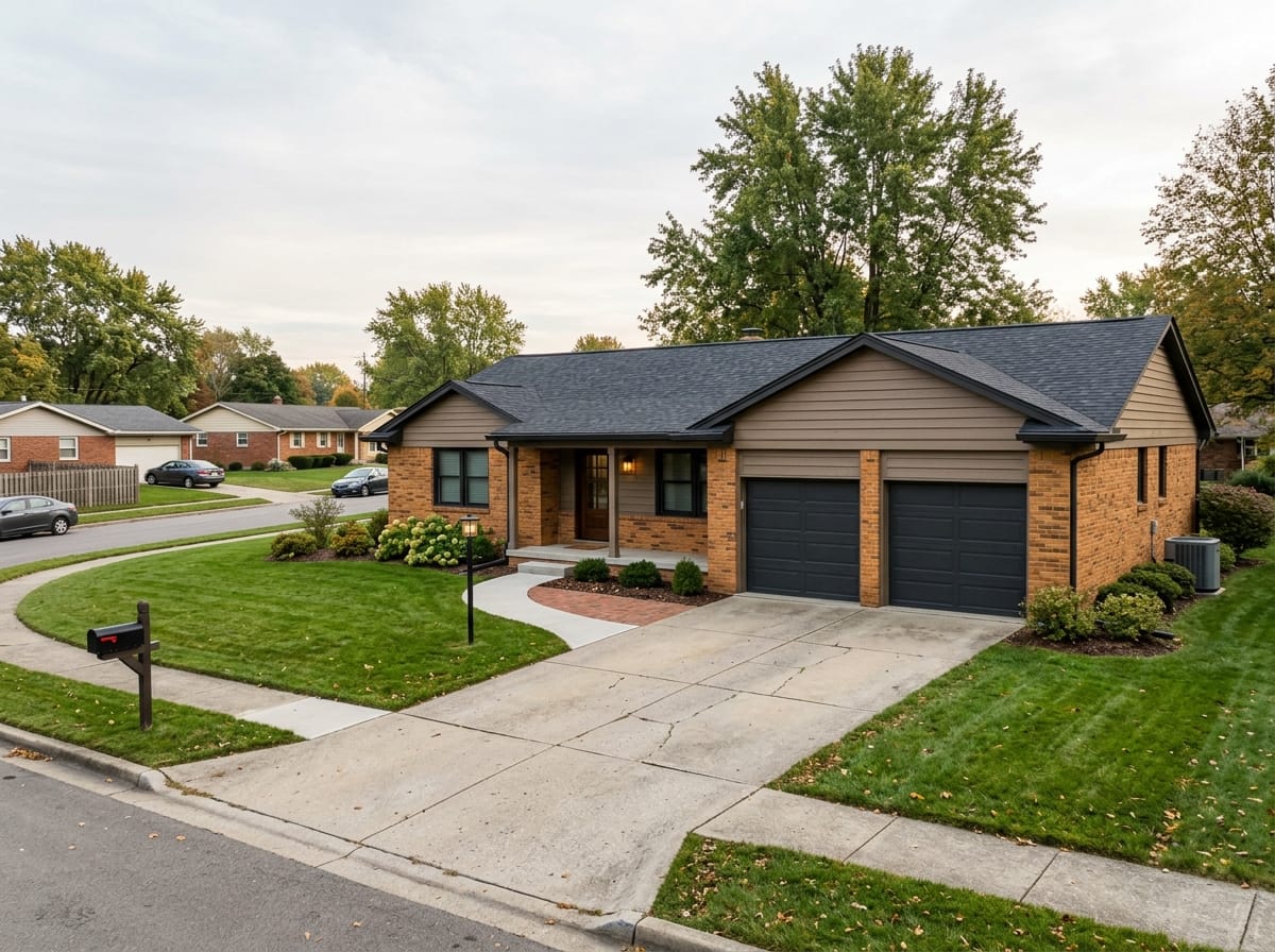 Brick ranch house exterior with simplified modern trim and a wide front door
