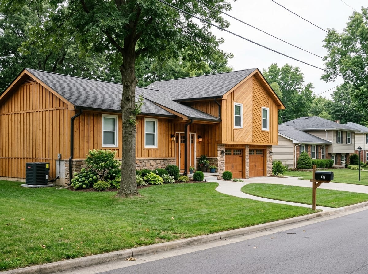 1970s house exterior with restained warm cedar siding and a diagonal gable accent