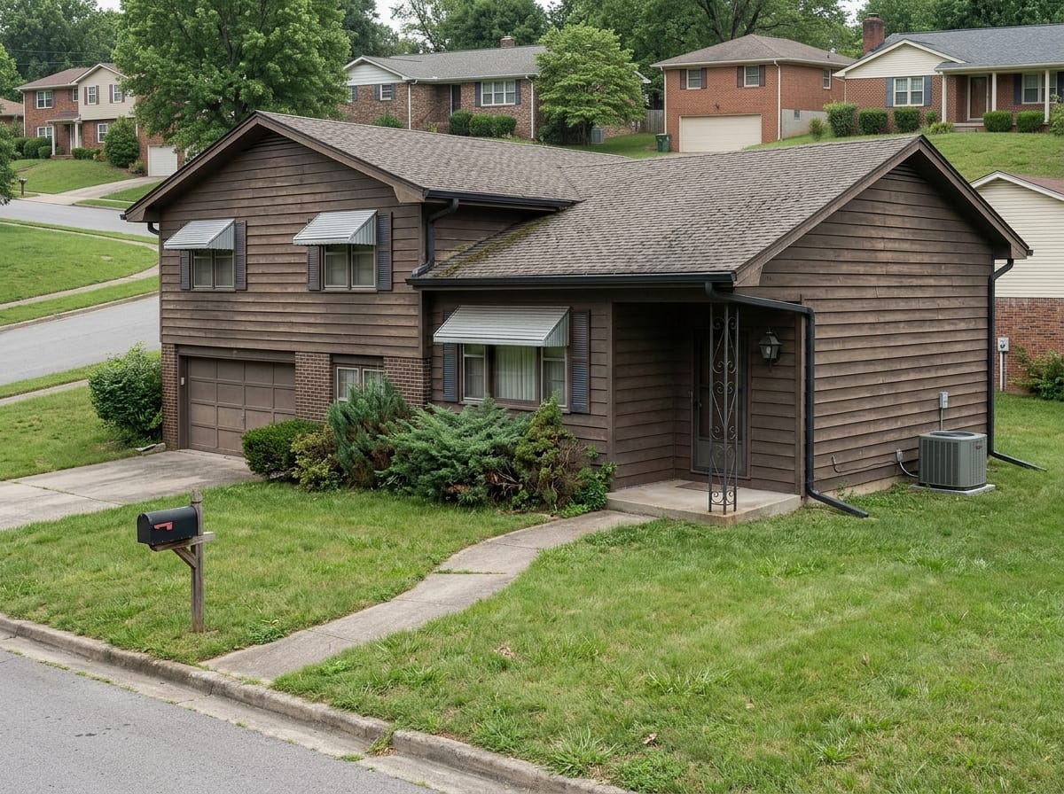 Untouched 1970s house exterior with dark stained siding, narrow shutters and iron porch posts