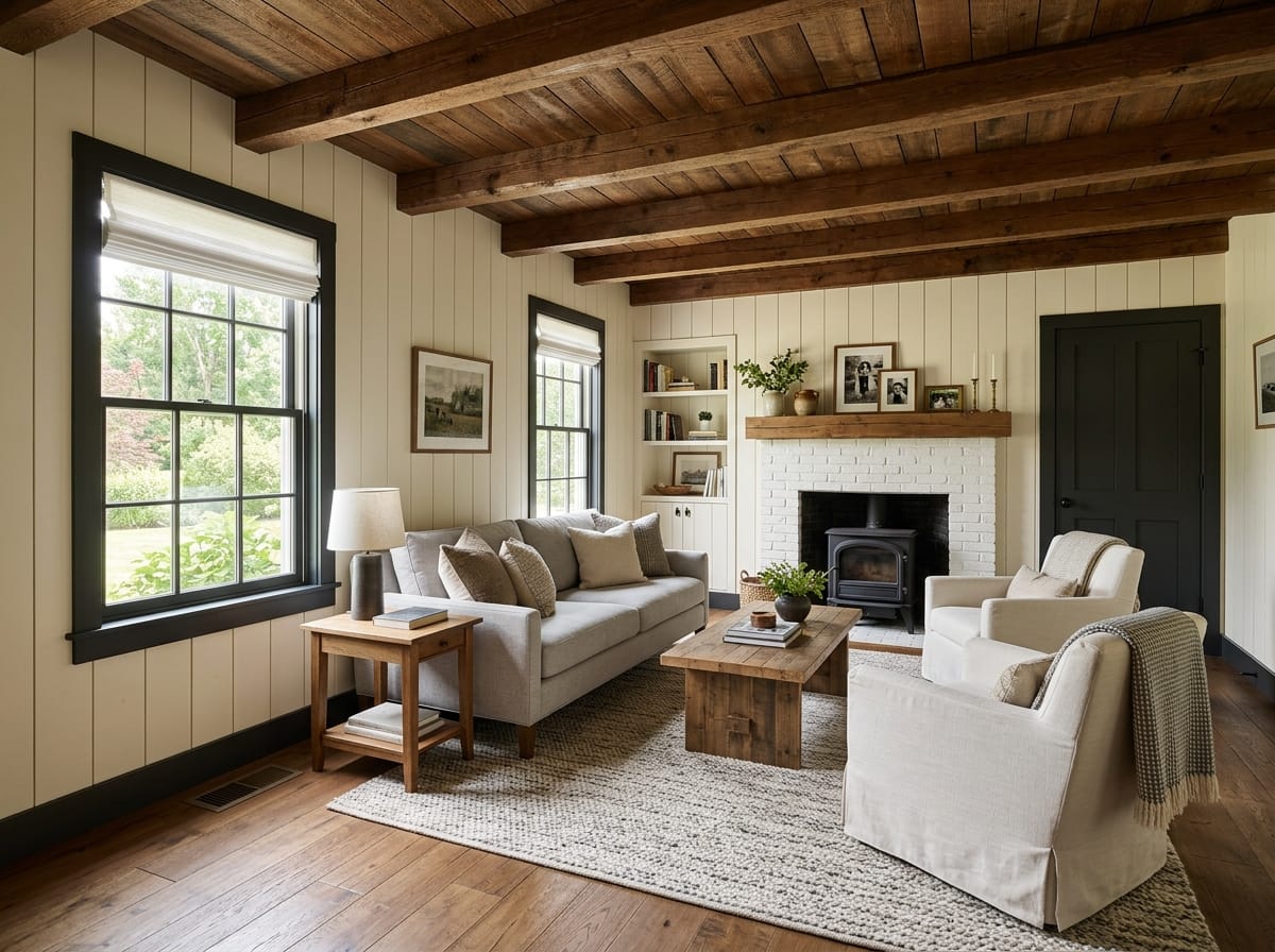 Farmhouse style renovation with painted board walls and exposed wood ceiling