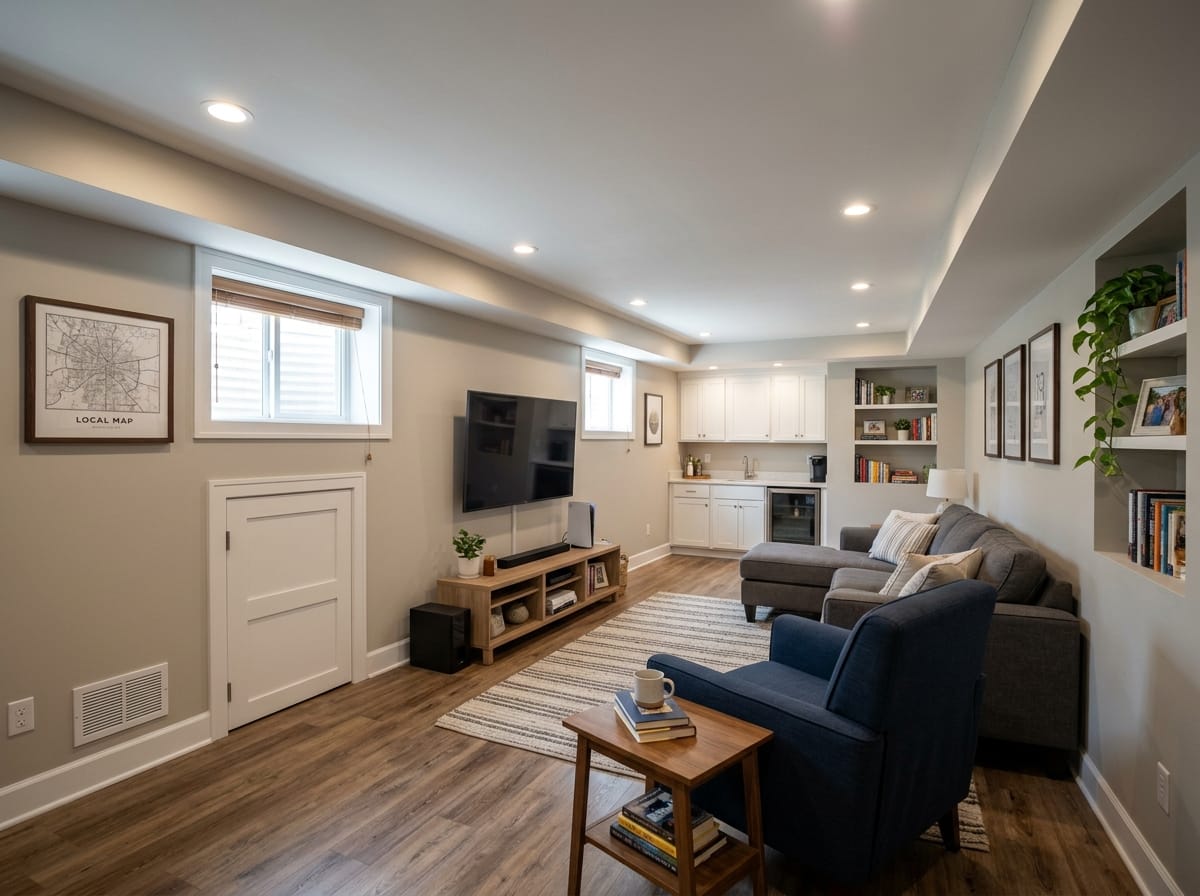 Finished basement remodeled into a den with light finishes and perimeter lighting