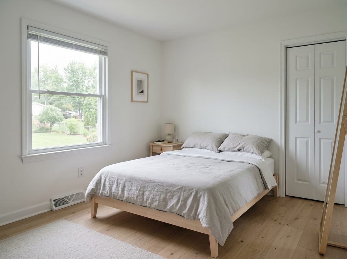Scandinavian bedroom with pale wood and linen bedding