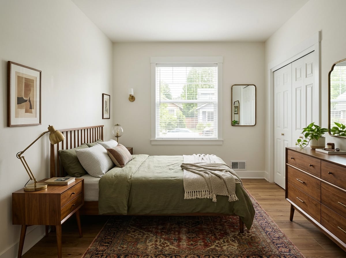 Modern vintage bedroom with mid-century furniture and brass lamps