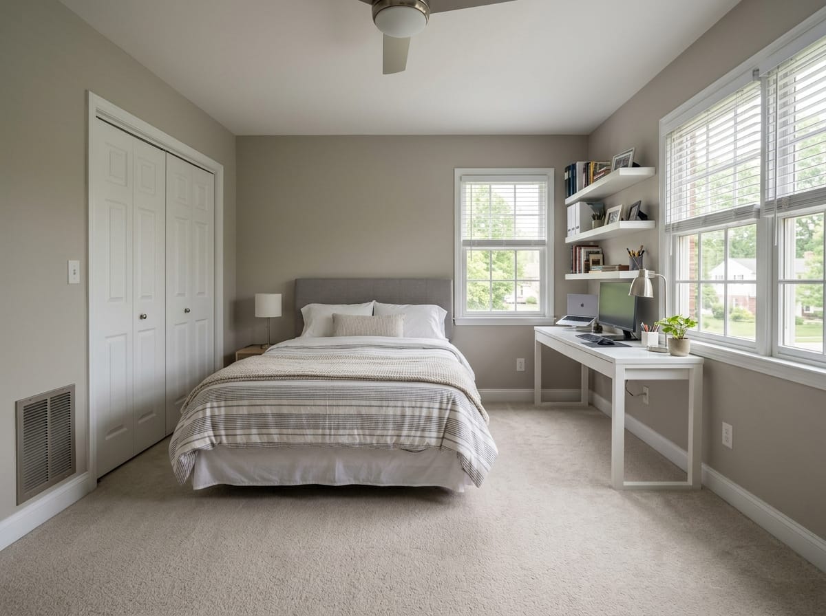 Guest bedroom with a bed against the wall and a narrow desk by the window