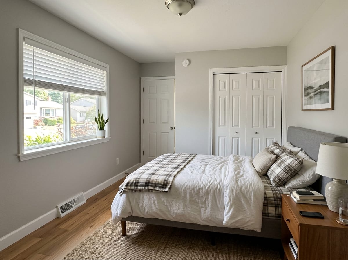 Bedroom with layered lighting: sconces over the headboard and a warm low night light