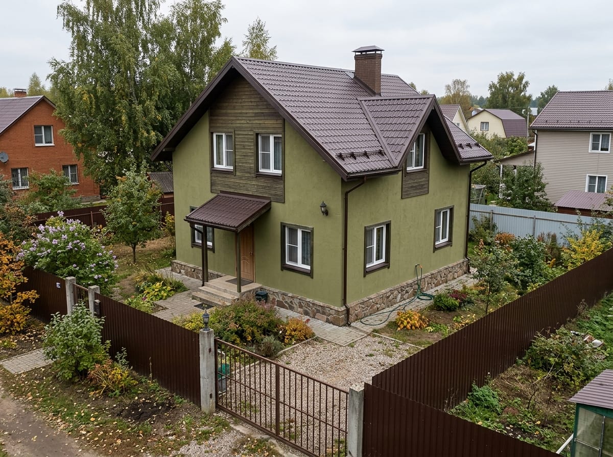 Дом с оливковым фасадом, деревянным фронтоном и каменным цоколем