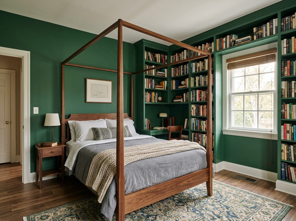 Dark green bedroom with a walnut four-poster bed and floor to ceiling bookshelves