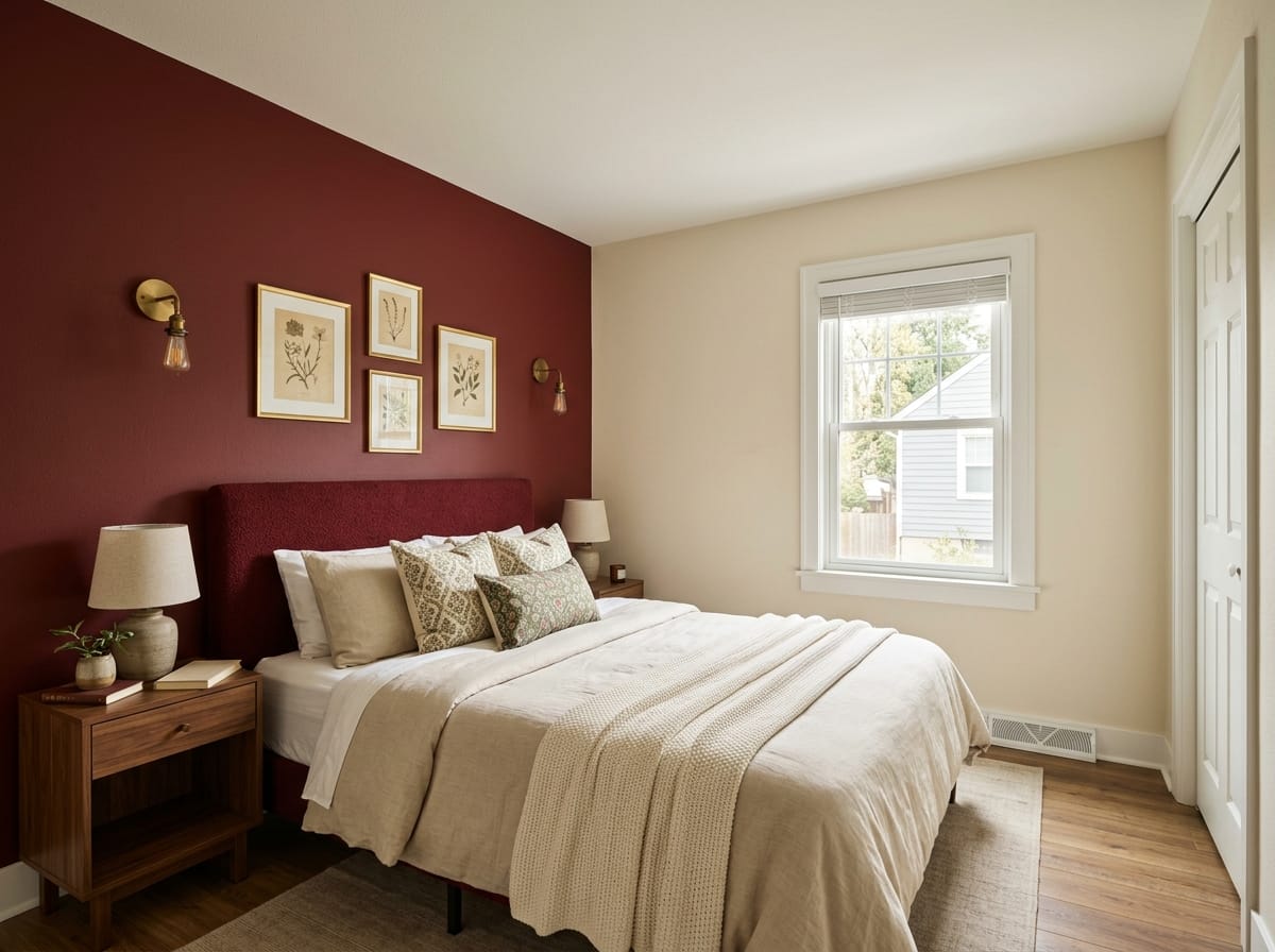 Bedroom with an oxblood headboard wall, brass sconces and framed botanical prints