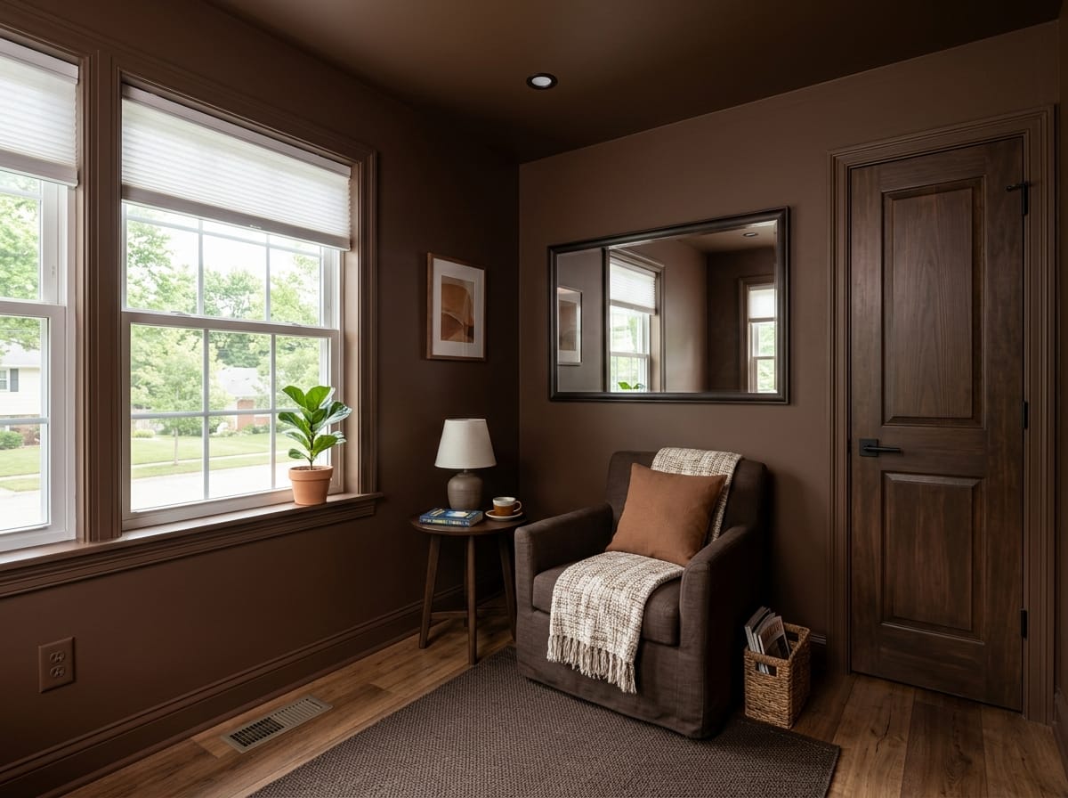 Small bedroom painted entirely in chocolate brown with warm table lamps