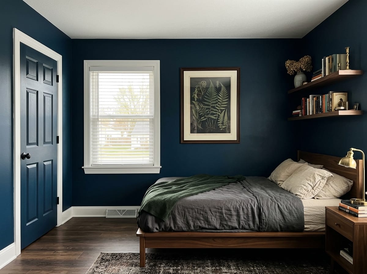 Modern dark academia bedroom with ink walls and a low walnut platform bed