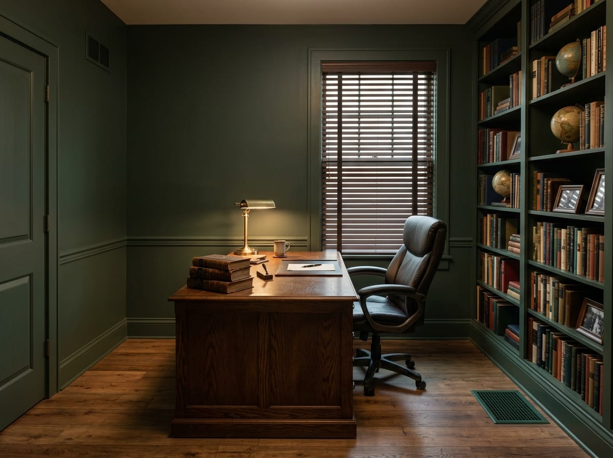 Dark green study lit by a brass table lamp and a picture light over framed art