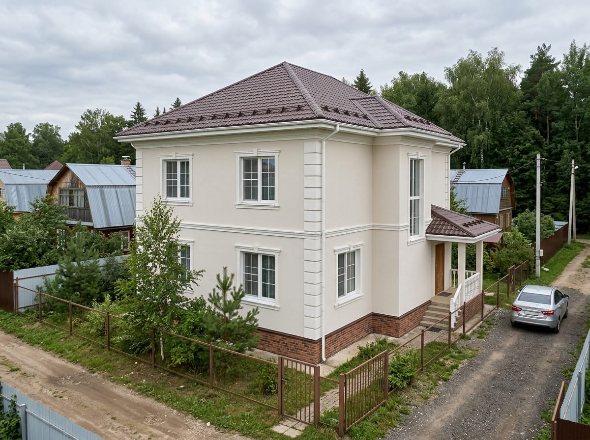 Симметричный классический дом цвета слоновой кости с белыми наличниками и клинкерным цоколем