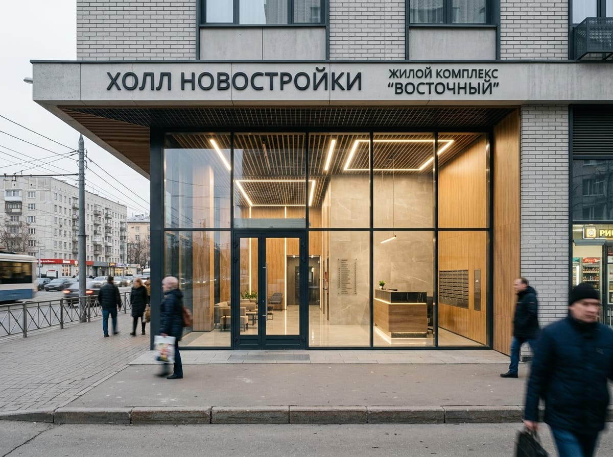 Входной холл новостройки с деревянными панелями и светлым керамогранитом