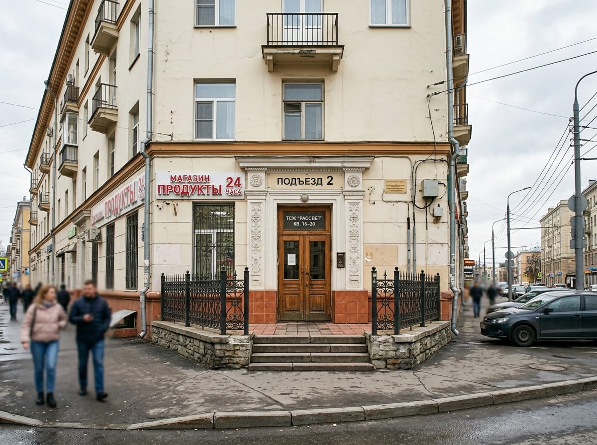 Подъезд сталинского дома с кремовыми стенами и коваными ограждениями